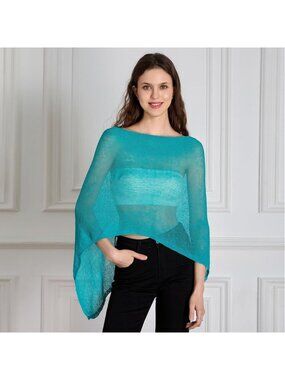 Women's Blue Sheer Poncho Top Knit Crochet Lightweight See Through Shawl